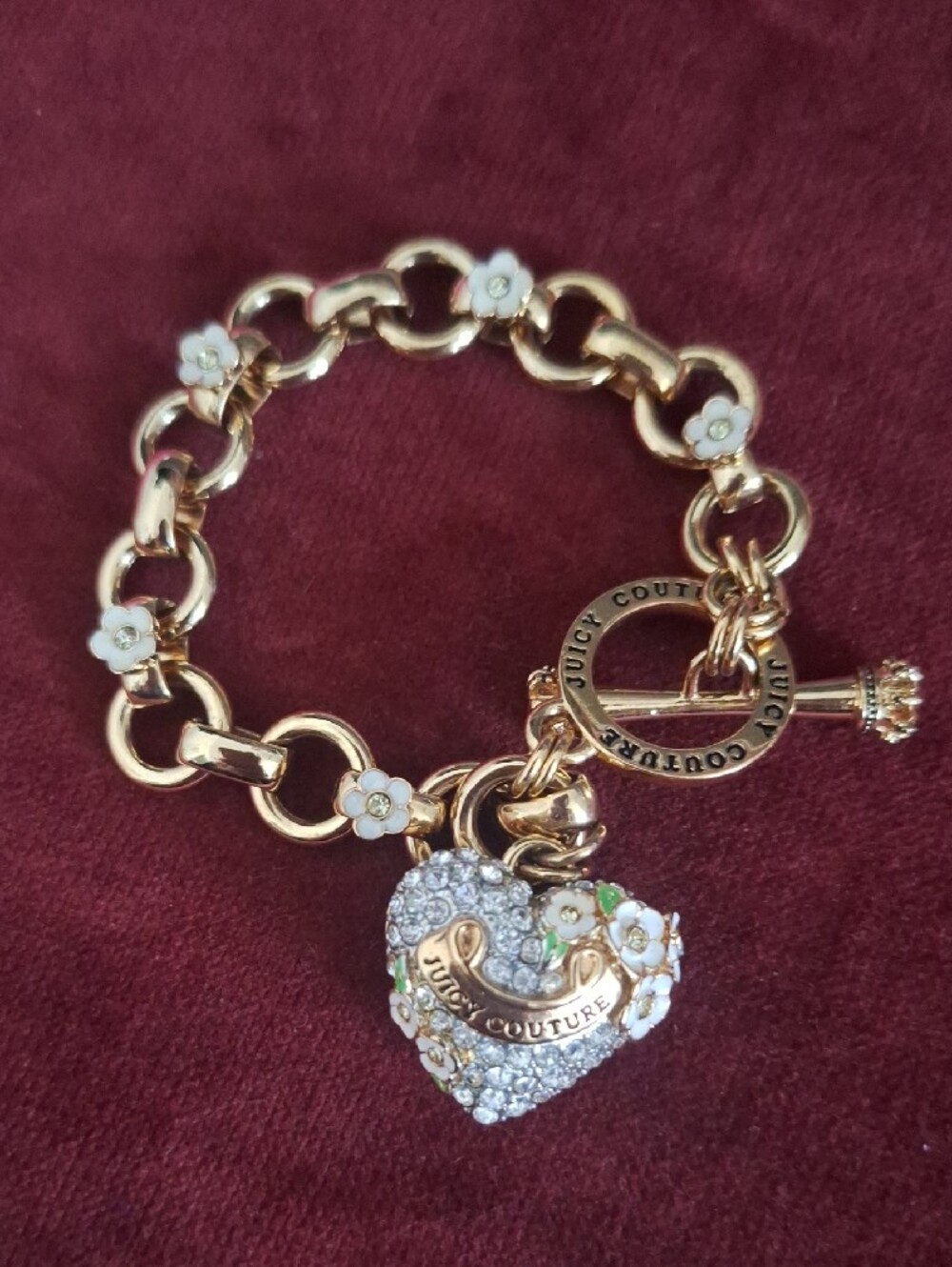 Juicy Couture Gold Tone and Crystal Heart Charm Link Bracelet